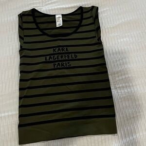 Karl Lagerfeld Logo Olive Black Striped Stretchy Semi-sleeve Cut-Sleeve Top Sz S